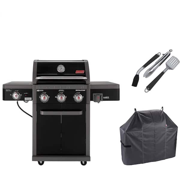 Coleman Revolution Grilling Kit with 3-Burner Propane BBQ Gas Grill, Heavy-Duty Cover and 3-Piece Tool Set in Black