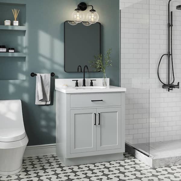 Hepburn 30 in. W x 22 in. D x 36 in. H Single Sink Freestanding Bath Vanity in Grey with Carrara Quartz Top