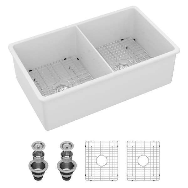 32 in. Undermount Double Bowls 50/50 Glossy White Fireclay Kitchen Sink with Drain Assembly and Bottom Grid