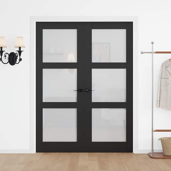 60 in. x 80 in. Universal 3-Lite Frosted Glass Black Solid Core Glass Assembly Required Double French Door with Jamb