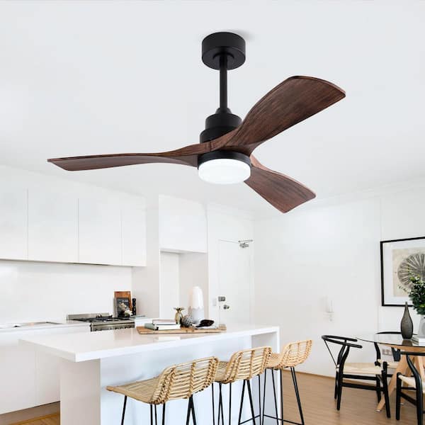 42 in. Smart Black 6-Speed Brown Blades 2-Size Downrod Mount Standard Ceiling Fan with 3-Color Dimmable LED Light