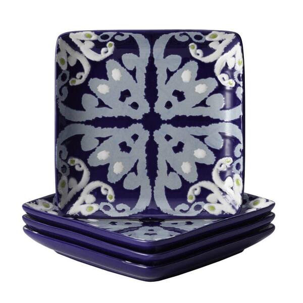 Rachael Ray Dinnerware Ikat 4-Piece Stoneware Appetizer Plate Set in Blue Print