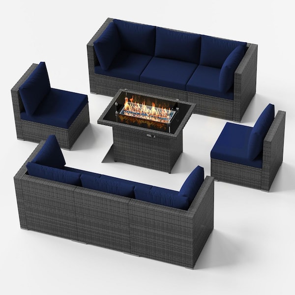 Unbranded 9-Pieces Gray Wicker Outdoor Sectionals Patio Furniture Set Conversation Set with Fire Pit Table and Navy Blue Cushions