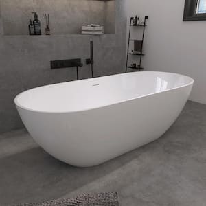 63 in. x 29.5 in. Solid Surface Stone Resin Flat Bottom Free Standing Soaking Bath Tub Freestanding Bathtub in White