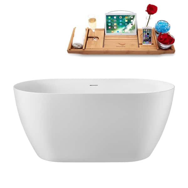 51 in. x 28 in. Acrylic Freestanding Soaking Bathtub in Glossy White with Brushed Brass Drain, Bamboo Tray