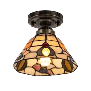 7.08 in. 1-Light Copper Vintage Semi-Flush Mount Ceiling Light with Multicolored Glass Shade, No Bulbs Included