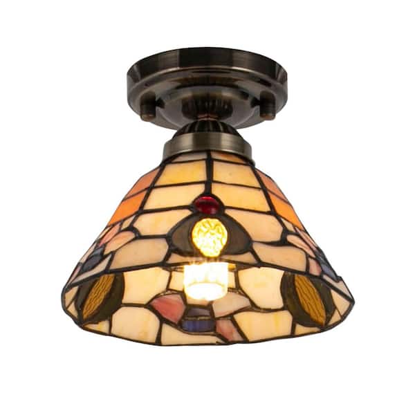 OUKANING 7.08 in. 1-Light Copper Vintage Semi-Flush Mount Ceiling Light with Multicolored Glass Shade, No Bulbs Included