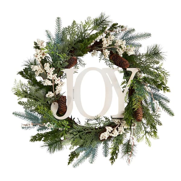 Nearly Natural 24 in. Unlit Christmas Joy Greenery Holiday Artificial Wreath