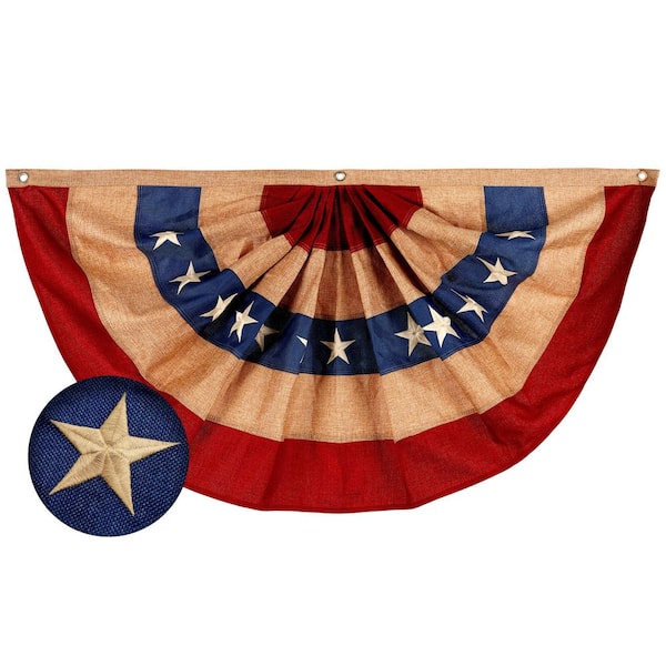 G128 1.5 ft. x 3 ft. Embroidered Burlap USA Tea Stained Pleated Fan Flag Patriotic Banner with Canvas Header Brass Grommets