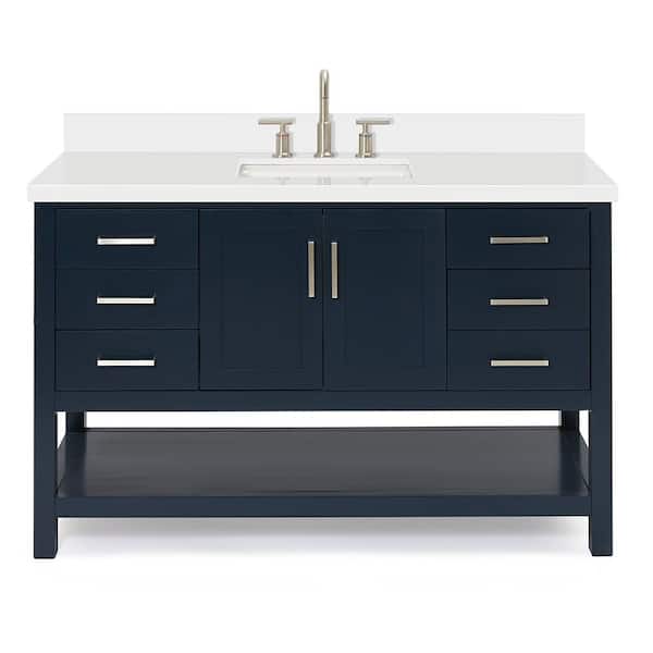 Magnolia 54 in. W x 22 in. D x 36 in. H Bath Vanity in Blue with Pure Quartz Vanity Top in White with White Basin
