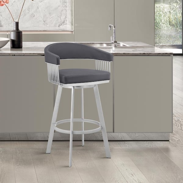Armen Living Bronson 38 in. Slate Grey Low Back Silver Metal 29 in. Swivel Bar Stool with Faux Leather Seat