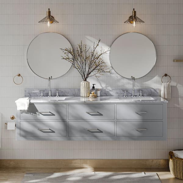 ARIEL Hutton 73 in. W x 22 in. D x 18.85 in. H Bath Vanity in Grey with Carrara White Marble Top