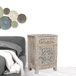 22 in. Gray One Drawer One Door Floral Carved Nightstand