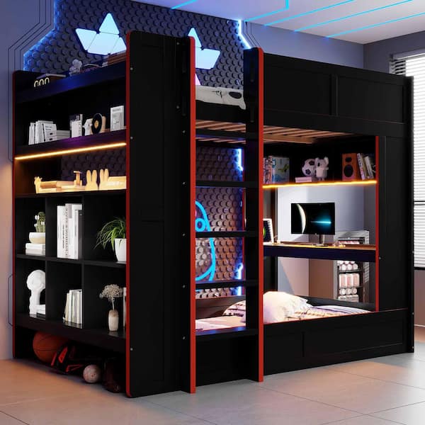 Black Full Over Full Wood Bunk Bed with Desk, Storage Shelves, LED and Charging Station
