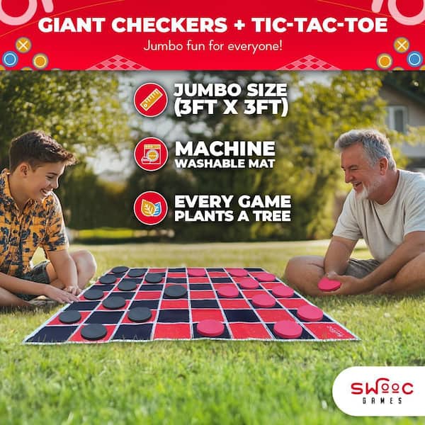 SWOOC 2-in-1 Vintage Giant Checkers and Tic Tac Toe Game W/ Mat