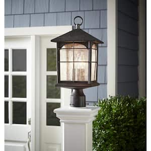Brimfield 18 in. Aged Iron 3-Light Outdoor Post Lamp with Clear Seedy Glass Shade (2-pack)