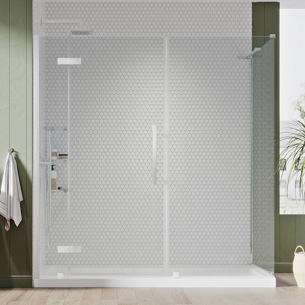 OVE Decors Tampa 72 in. L x 36 in. W x 75 in. H Corner Shower Kit w/ Pivot Frameless Shower Door in Chrome w/Shelves and Shower Pan