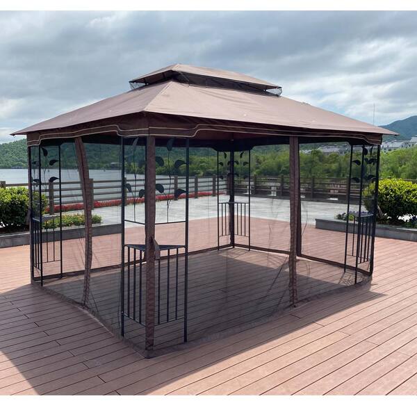 FORCLOVER 13 ft. x 10 ft. Brown Metal Frame Leaf Flower Screen Patio Canopy with Ventilated Double Roof and Mosquito Net MONMBY07BRFL The Home Depot