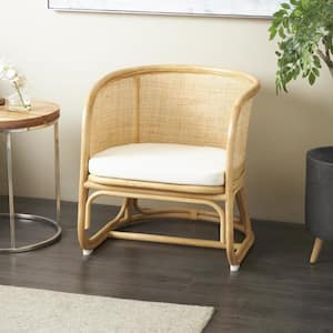 Light Brown Woven Rounded Rattan Accent Chair with White Fabric Cushion