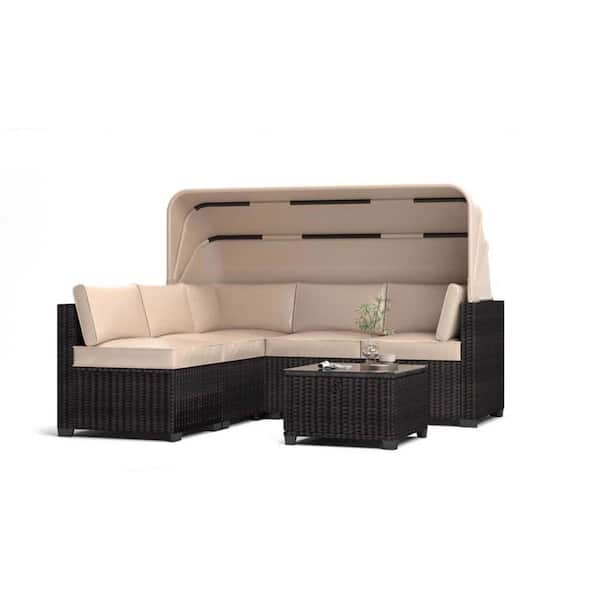 Tenleaf 6-Piece Brown Wicker Patio Conversation Set with White Cushions, Adjustable Canopy and Backrest