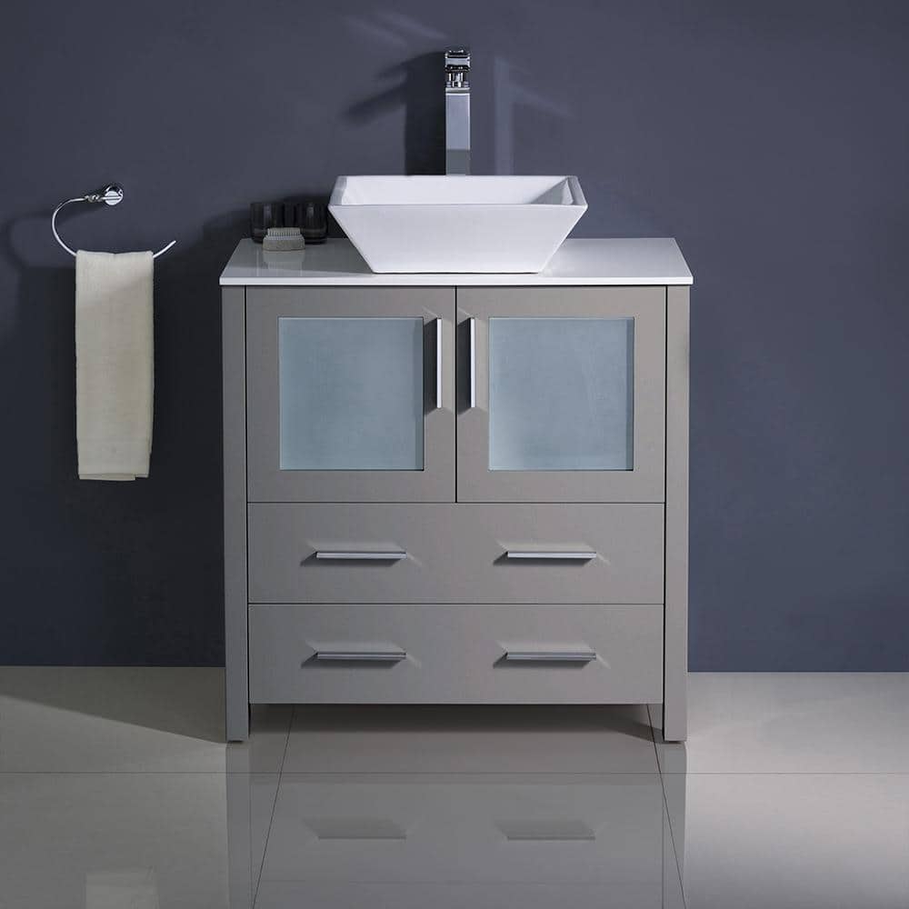 Contemporary 30" Gray Engineered Wood Bathroom Vanity with Ceramic Top