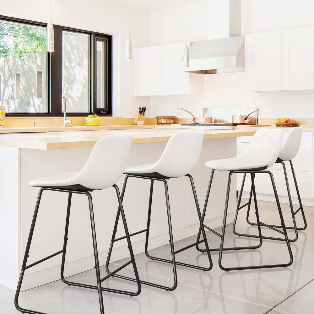 White Faux Leather Counter Stool with Black Metal Frame