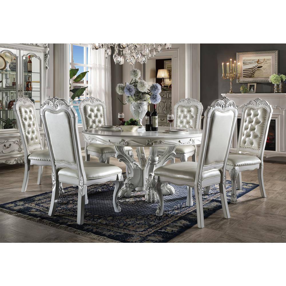 Bone White Round Wood and Glass Dining Table with Pedestal Base