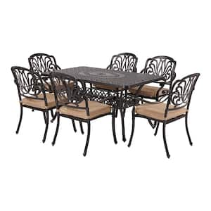 Classic Dark Brown 7-Piece Cast Aluminum Outdoor Dining Set with Rectangle Table and Stackable Chairs khaki Cushions