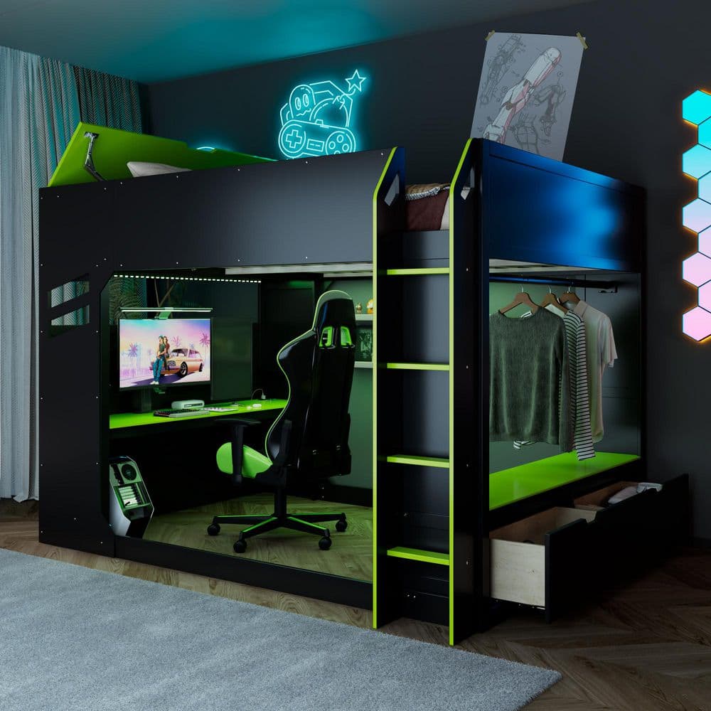 Green Full Size Wood Loft Bed with Height-Adjustable Desk, RGB Lights, Hanging Rod, Compartments on Top Headboard price history on PriceWatchPro