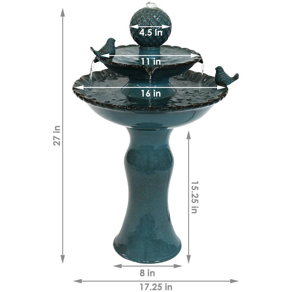 Blue Ceramic 27" 2-Tier Outdoor Fountain with Birds