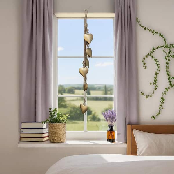Zema 35 in. x 1.25 in. Antique Gold 6 Heart Shape Iron Bells Wall Decor with Jute Hanging Rope