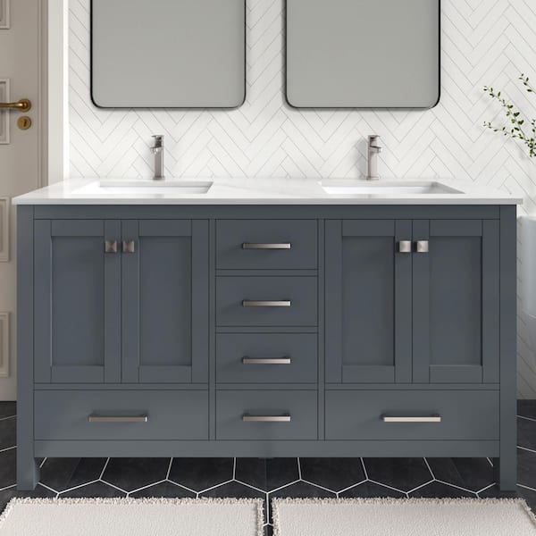 HOMEVY STUDIO Anneliese 60 in. W x 21 in. D x 35 in. H Double Sink Freestanding Bath Vanity in Charcoal Gray with White Quartz Top