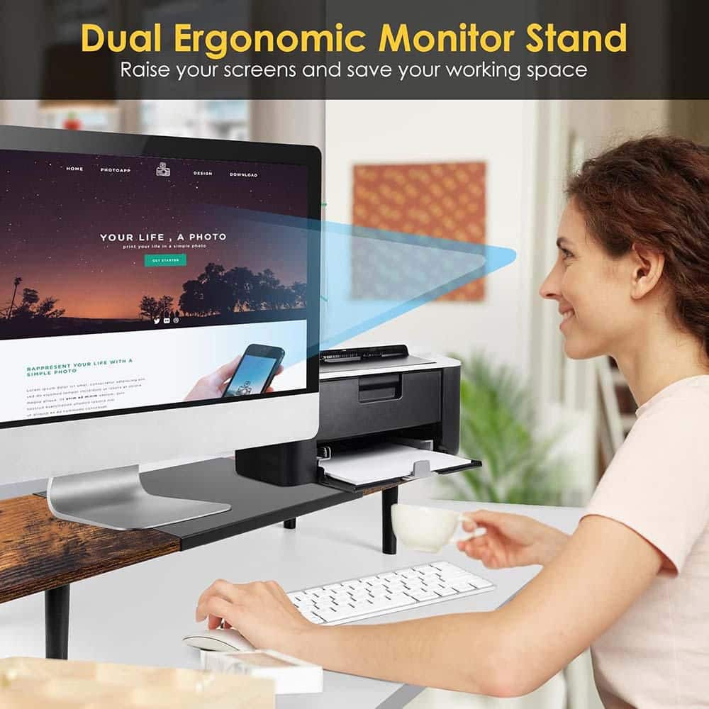 Dual Monitor Stand Riser Adjustable Length 32-40 Inch Desktop Organizer for Computer/Laptop/PC/Printer/TV Brown - Thumbnail 3