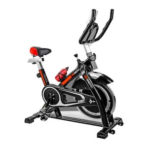 Black and Red Metal Exercise Bike with Phone Bracket, Heavy Flywheel and LCD Monitor