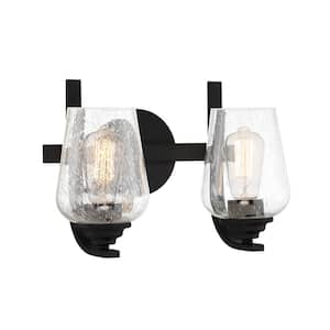 Shyloh 13.5 in. 2-Light Black Vanity Light with Clear Seeded Glass Shades