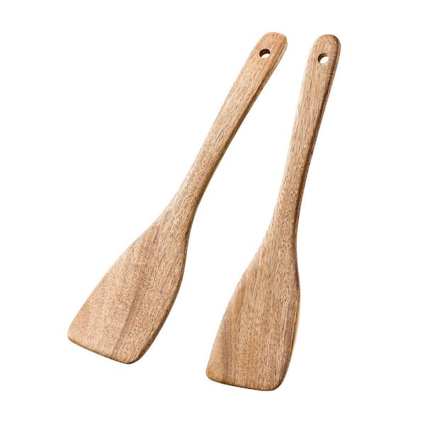 2pcs Acacia Wood Cooking Utensils Set Non-Scratch Flat Spatulas with Long Handle for Frying Pan and Wok