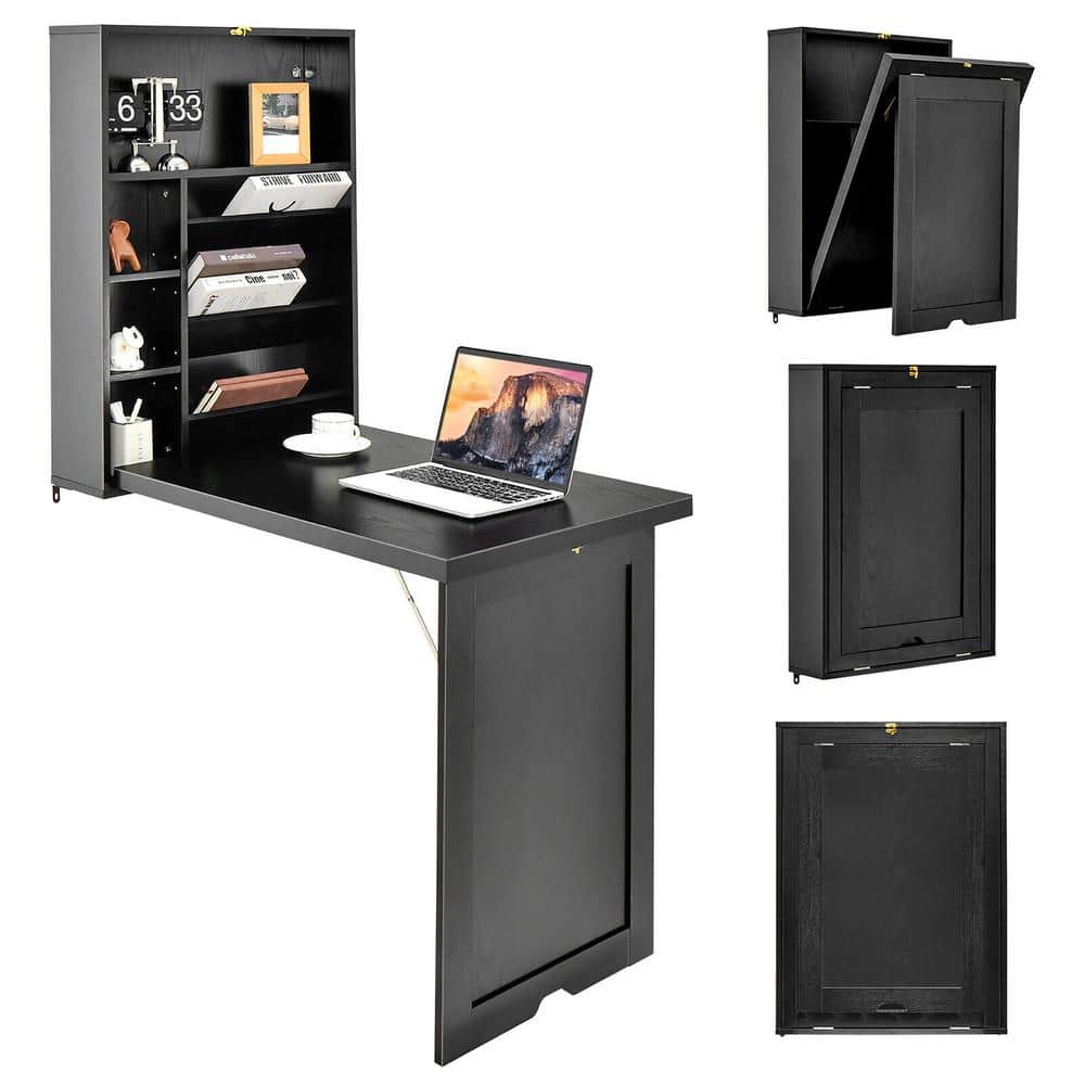 Gymax Wall Mounted Fold-Out Convertible Floating Desk Space Saver Writing Table Black