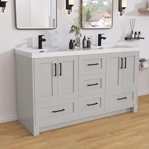 60 in. W x 22 in. D x 35 in. H Freestanding Double Sink Bath Vanity Cabinet in Light Gray with White Solid Surface Top