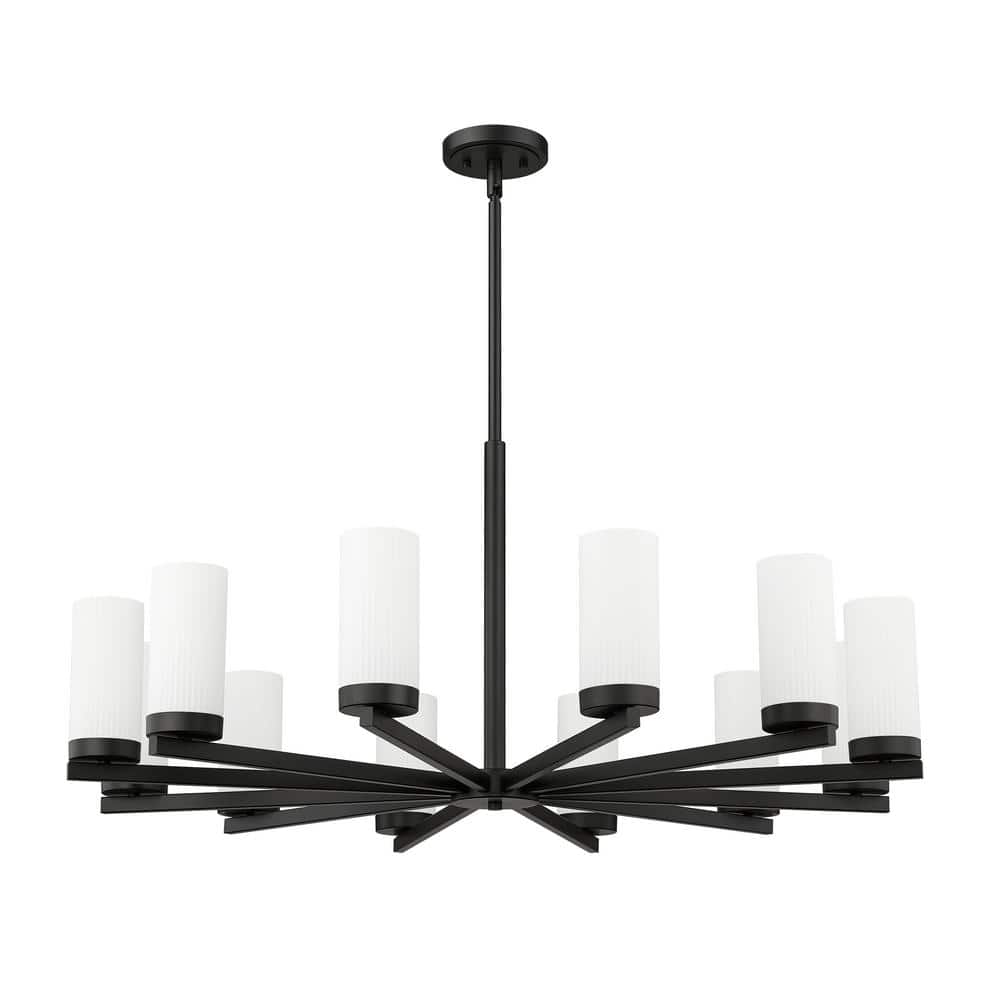 Matte Black 12-Light Modern Chandelier with White Glass Shades