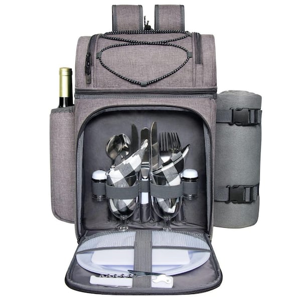 Polyester 2-Person Picnic Basket Backpack - 2 Insulated Coolers, with Wine Holder, Fleece Blanket and Cutlery Set, Gray