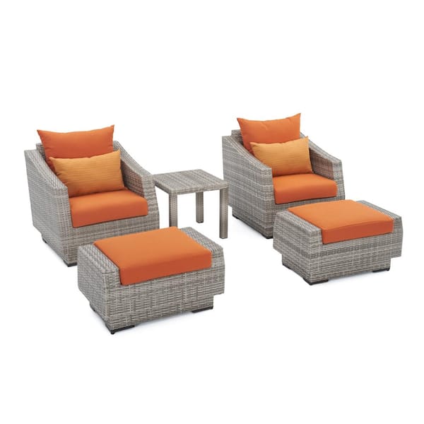 RST BRANDS Cannes 5-Piece All Weather Wicker Patio Club Chair and Ottoman Conversation Set with Sunbrella Tikka Orange Cushions