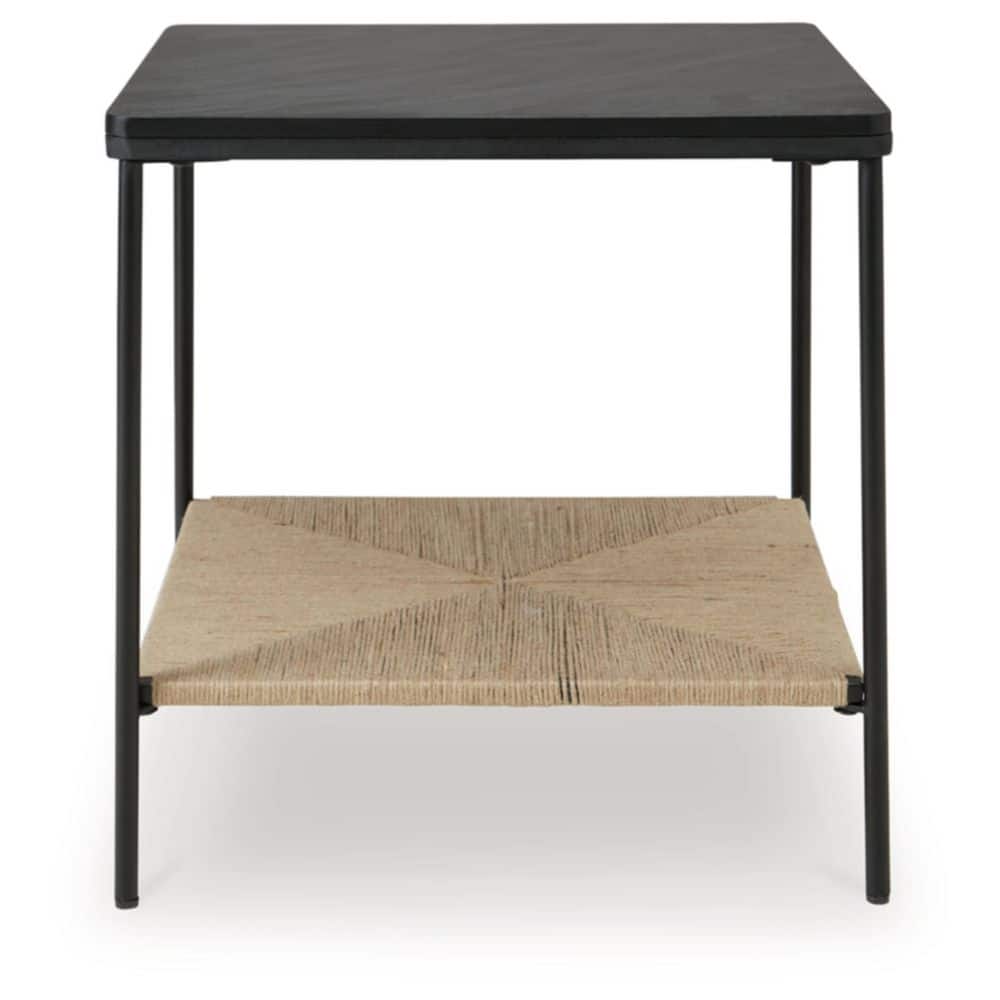 Square Black Marble and Beige Jute Accent Table