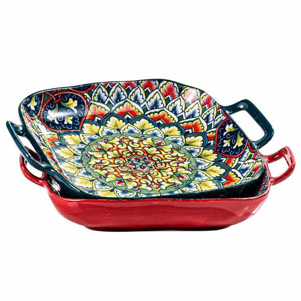 Square Pasta Bowls with Handle, 7.09 Inch Ceramic Salad Serving Bowls, Boho Pattern, Set of 2, Green and Red