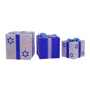 12 in. White and Blue Shimmering Lighted Hanukkah Gift Box (3-Pack)