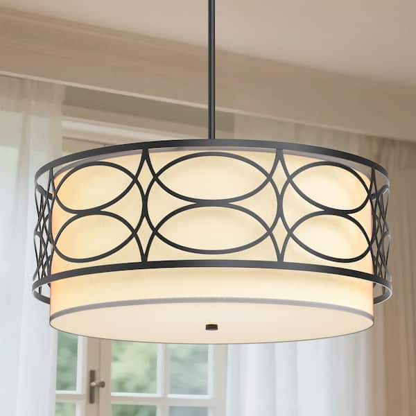 4-Light Black and White Drum Chandelier, Modern Dining Room Chandelier Lighting with Fabric Shade for Living Room
