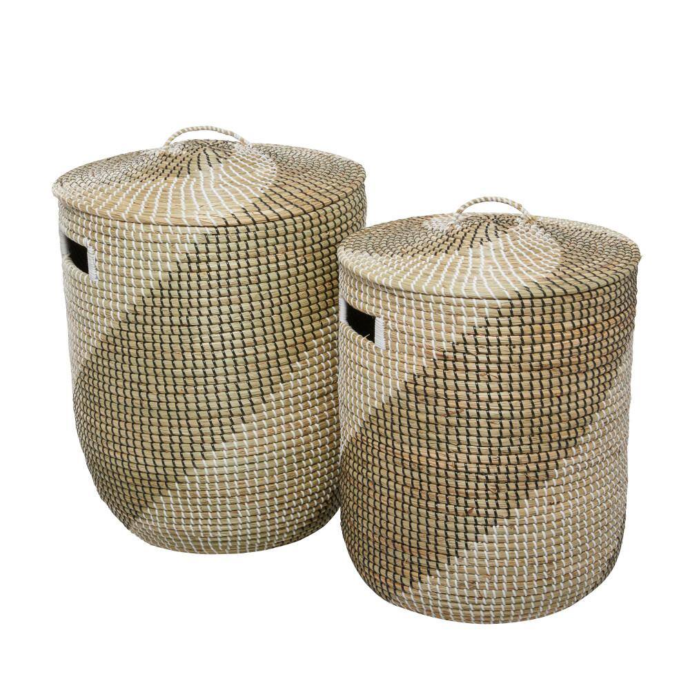 Handmade Two-Toned Seagrass Round Storage Baskets with Lids