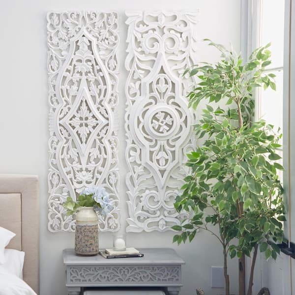 Litton Lane Large White Handcarved Rectangular Carved Wood Wall Decor Panels 16 In X 48 Set Of 2 31886 The Home Depot - Rectangular Wall Art Panels