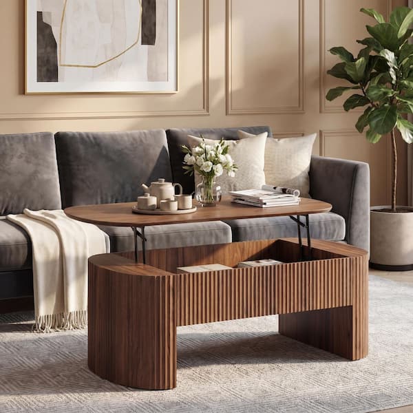 47.24" in. L x 23.62" in. D Brown Oval Wood Coffee Table with Lift Top and Storage, Coffee Table Hidden Compartment