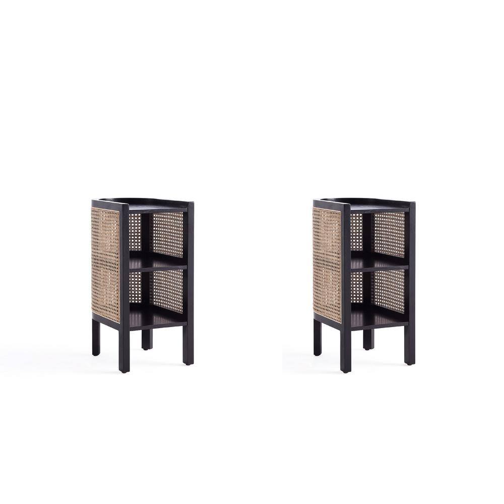 Manhattan Comfort Versailles 11.81 in. Black and Natural Cane Ash Wood End Table (Set of 2)