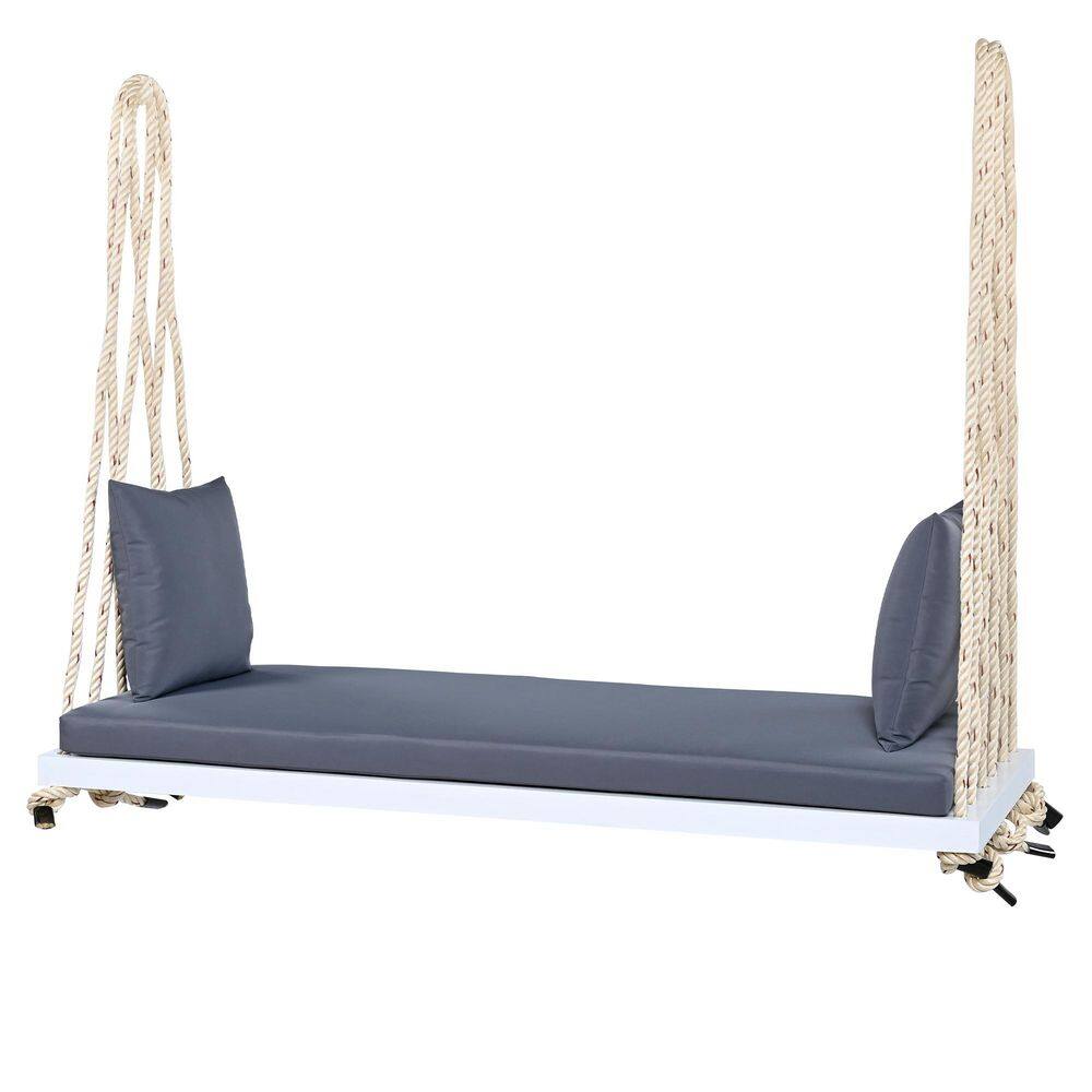 2 Person Acacia Wood Porch Swing,Hanging Swing Chair with Gray Cushion and Pillows,10.8Ft Hemp Ropes for Garden,White price history on PriceWatchPro